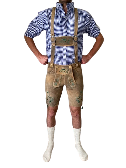 Lederhose lichtbruin groen mannen Nederland voorkant / Lederhosen / Lederhose / Lederhosen kopen / Lederhose oktoberfest / Lederhosen outfit / Oktoberfest lederhosen