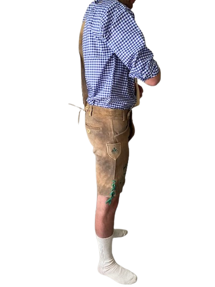 Lederhose lichtbruin groen mannen Nederland zijkant / Lederhosen / Lederhose / Lederhosen kopen / Lederhose oktoberfest / Lederhosen outfit / Oktoberfest lederhosen