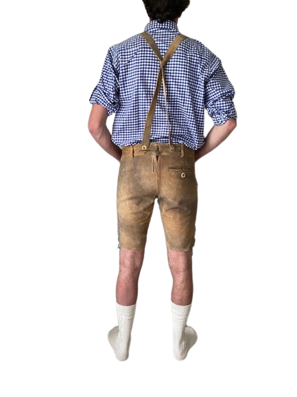 Lederhose lichtbruin groen mannen Nederland achterkant / Lederhosen / Lederhose / Lederhosen kopen / Lederhose oktoberfest / Lederhosen outfit / Oktoberfest lederhosen