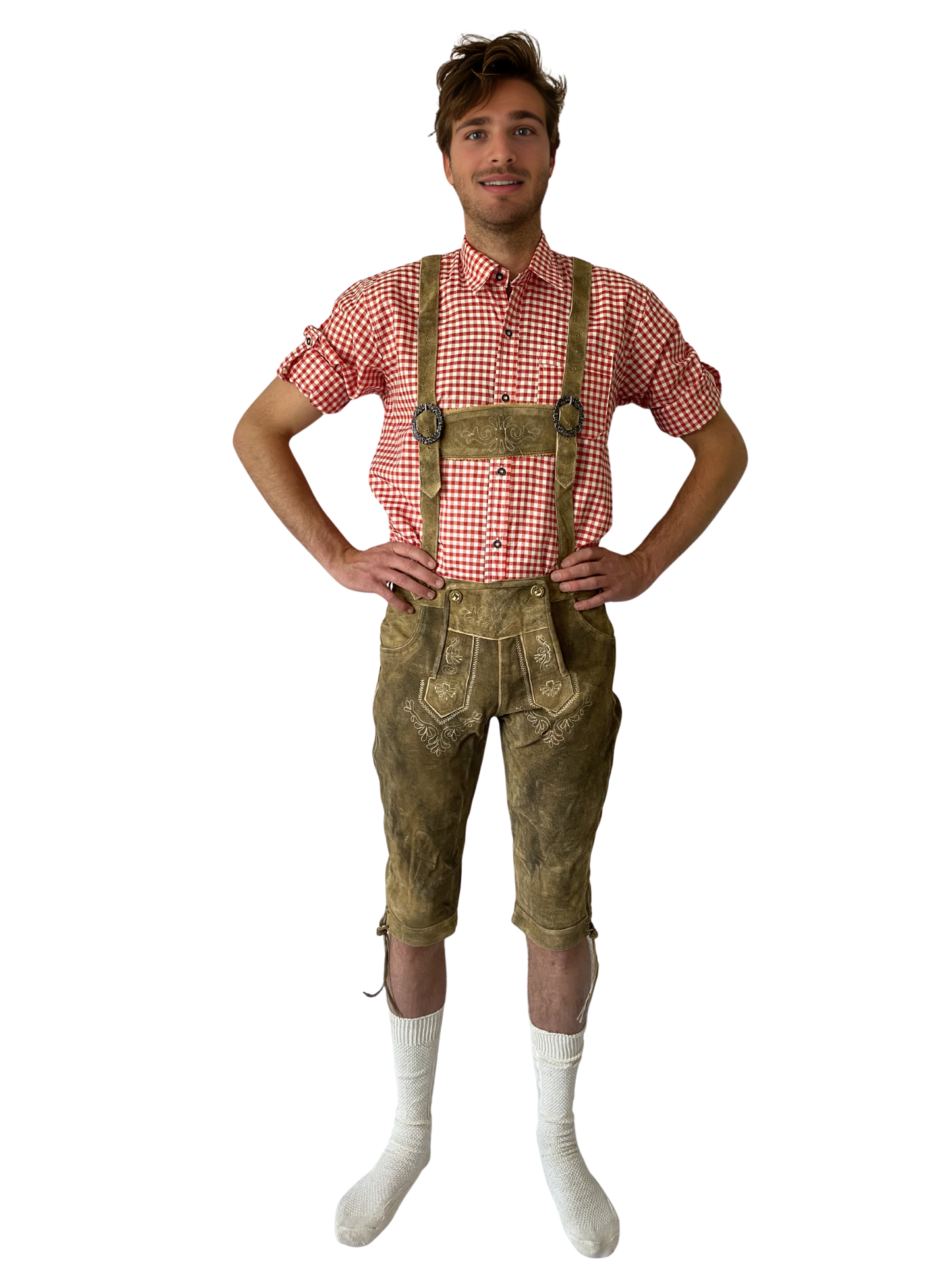 Lederhose Sand + Trachtenhemd Blauw + Sokken